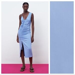 NWT. Zara Blue Midi Dress with Gathering. Size S.
